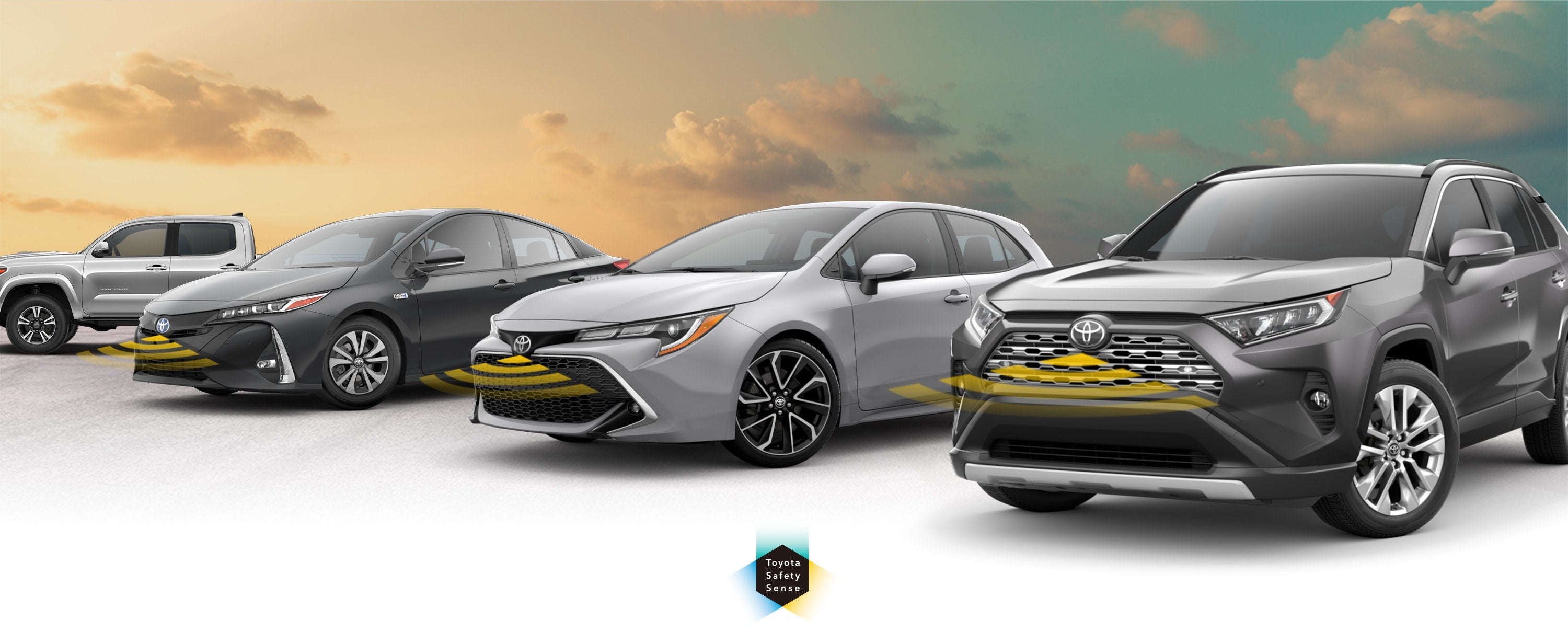 Toyota Safety Sense: Designed for Safety. Options shown on Toyota models including RAV4, Tacoma, and Camry, available now at Pauly Toyota in Crystal Lake IL.